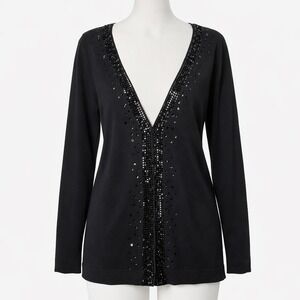 Joan Boyce Cardigan Womens Large Black Sequin Embellished V-Neck Sweater Party